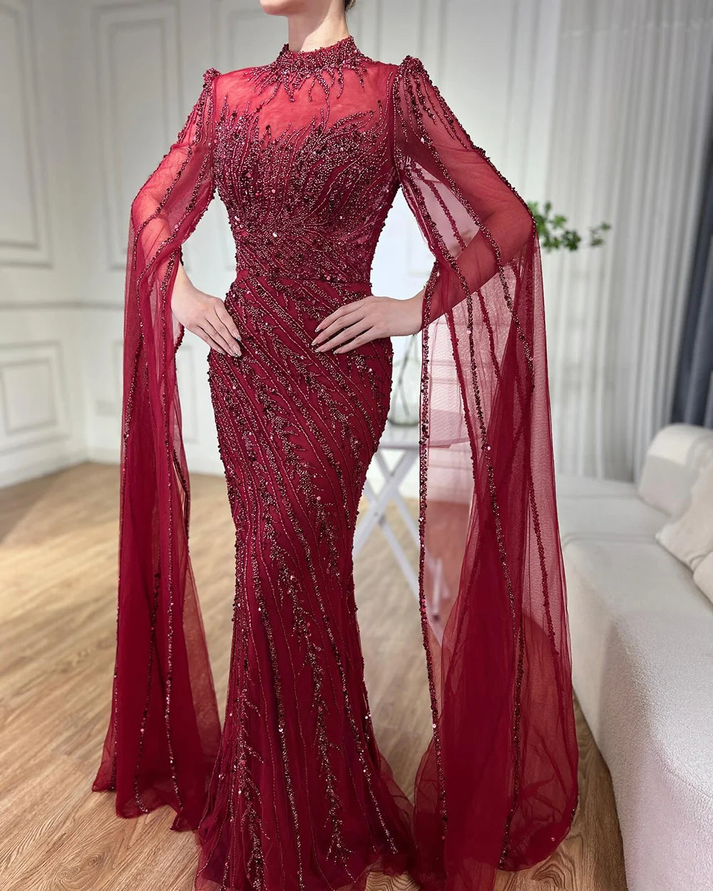 Serene Hill Beaded Cape Mermaid Gown (LA71885A)