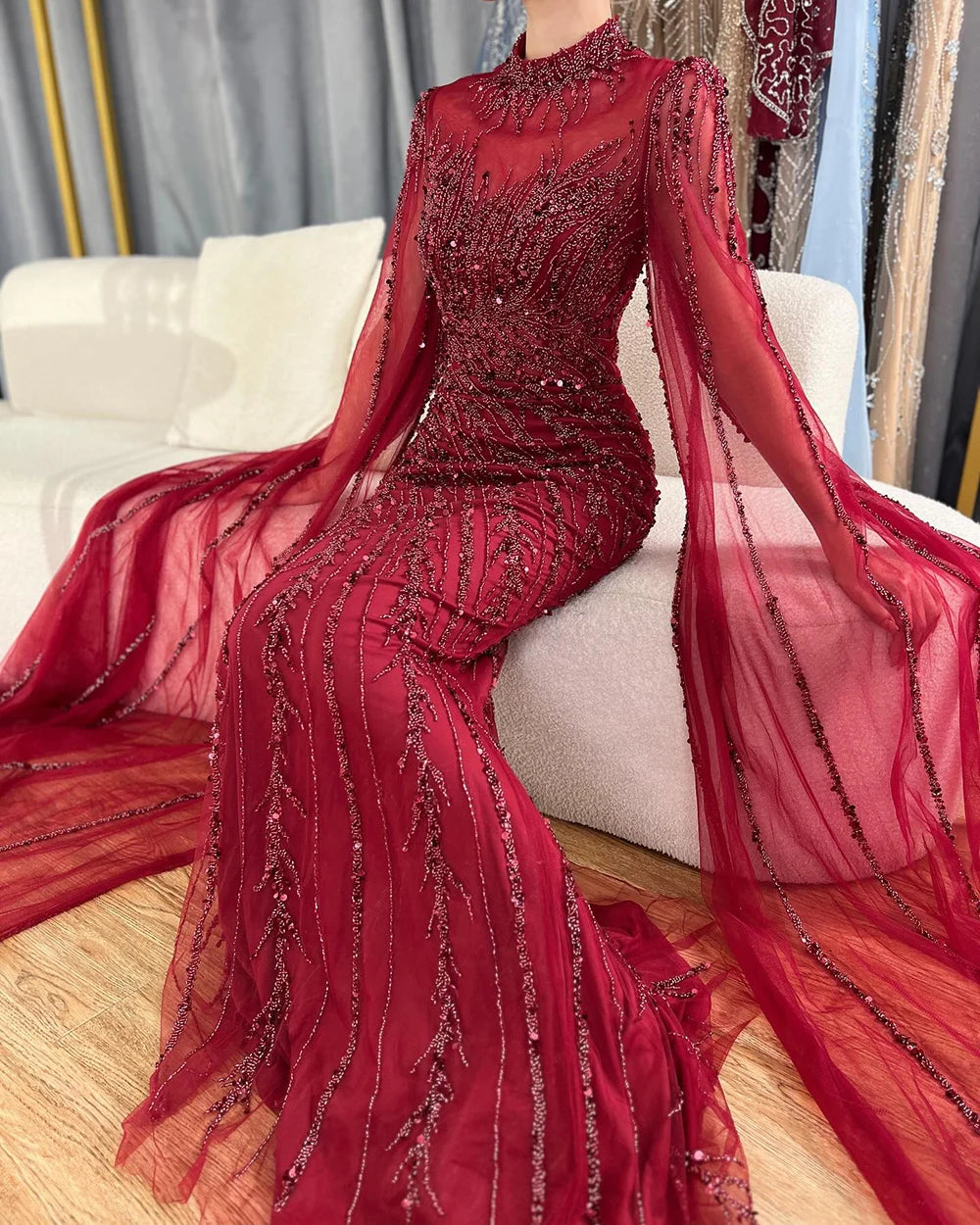 Serene Hill Beaded Cape Mermaid Gown (LA71885A)