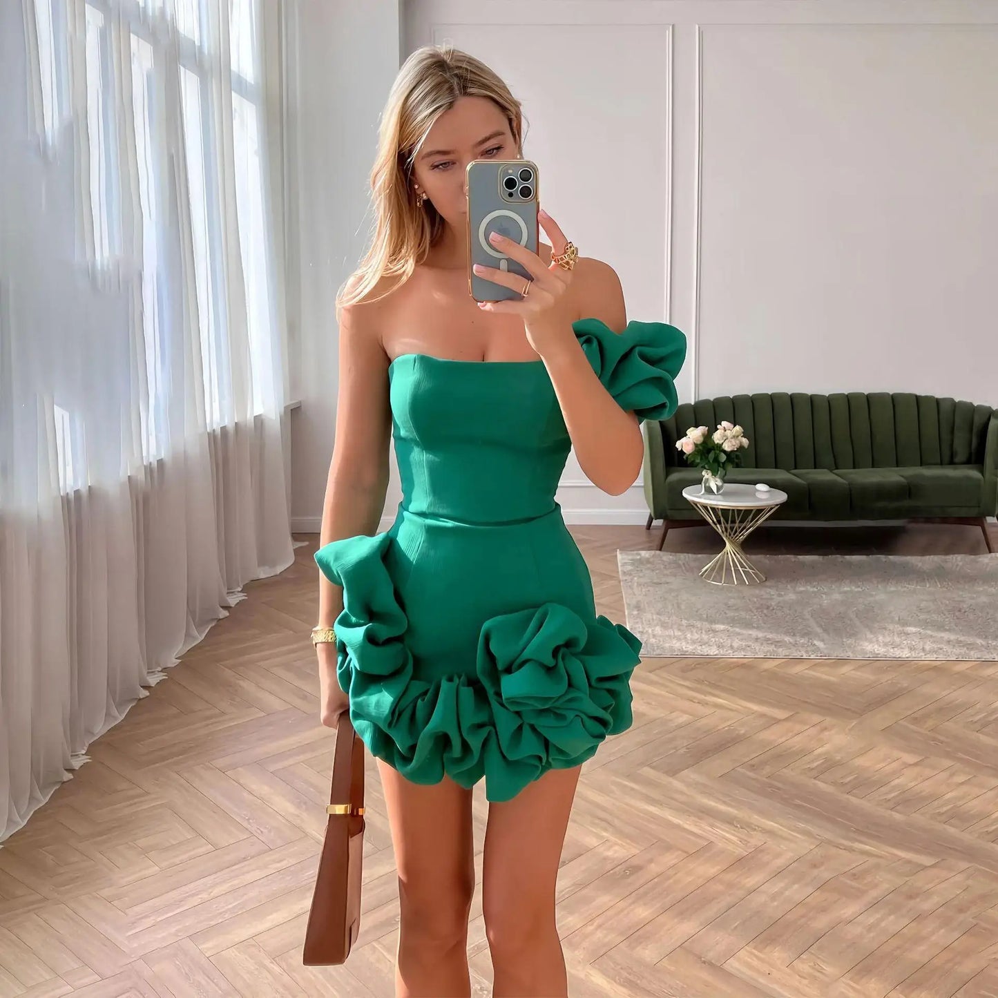 Monogram Pod-Waist One-Shoulder Maxi