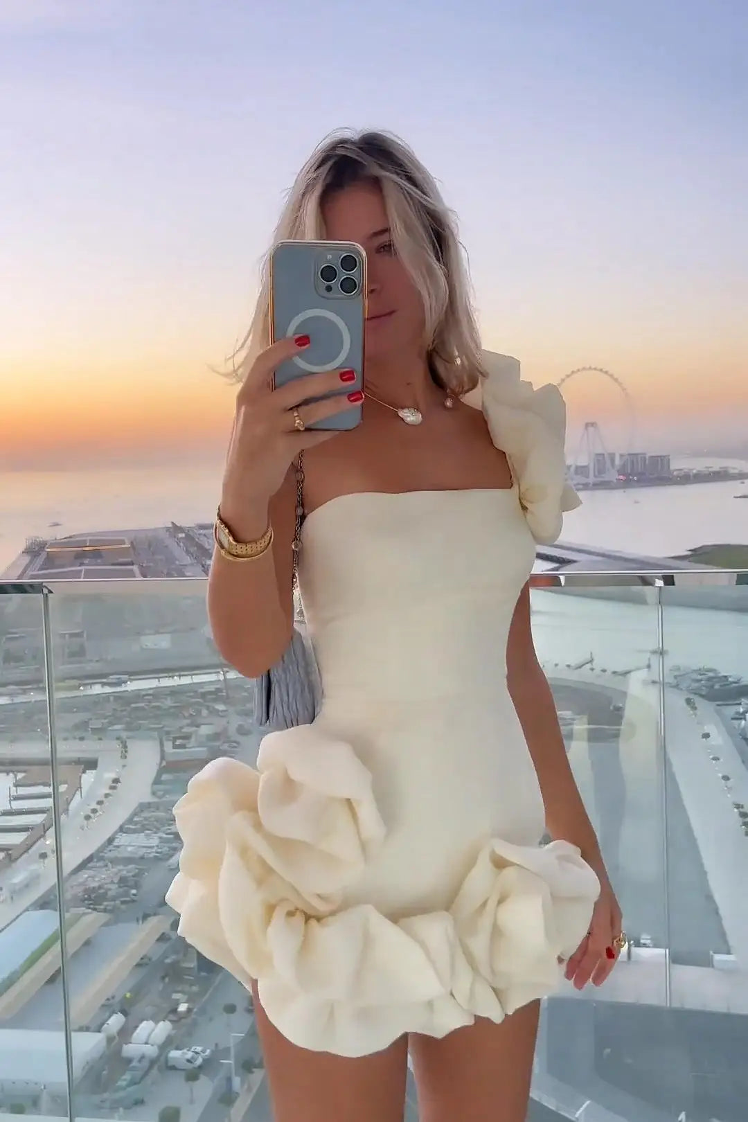 Monogram Pod-Waist One-Shoulder Maxi
